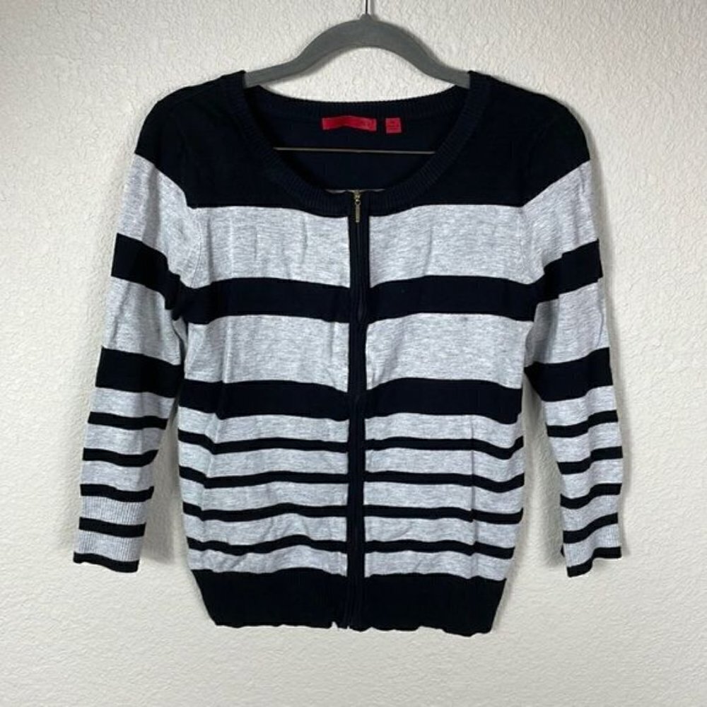 Red Full Zip Long Sleeve Striped Sweater Cardigan Black and Gray Sz M